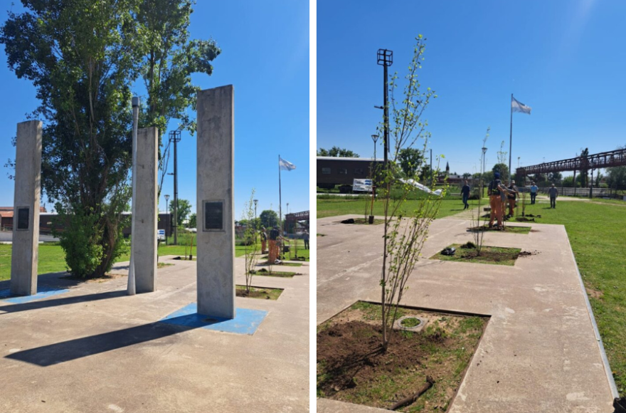 Nueve ejemplares de álamo piramidal embellecen el monumento dedicado a nuestros héroes de Malvinas ubicado sobre avenida Alsina. 