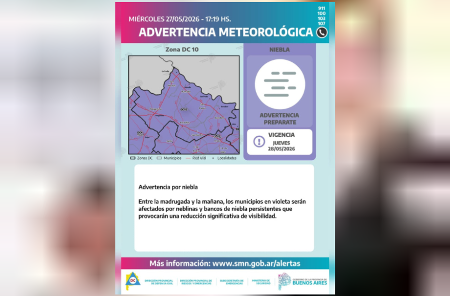 Defensa Civil Provincial lanzó una advertencia por niebla para la zona norte bonaerense.