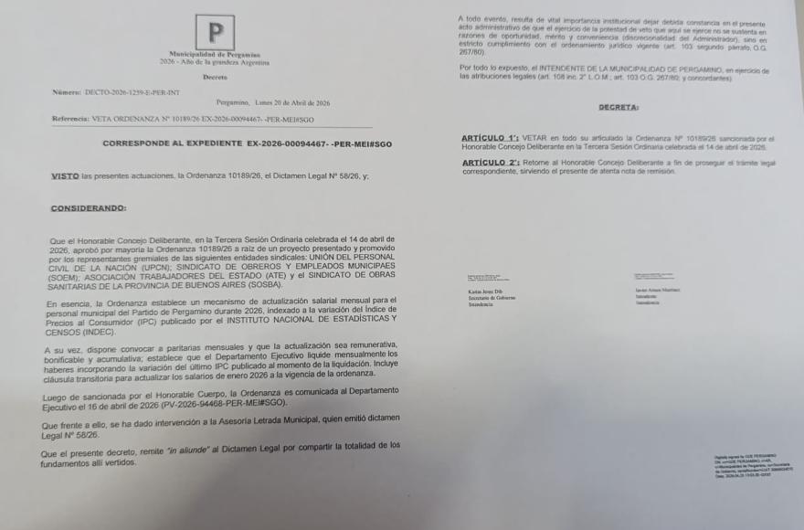 El intendente vetó la ordenanza de aumento salarial aprobada por el Concejo